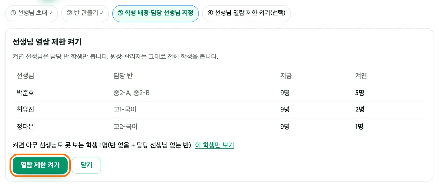 선생님 열람 제한 켜기 상자 — 박준호 중2-A·중2-B 지금 9명 켜면 5명, 최유진 2명, 정다은 1명, 아무 선생님도 못 보는 학생 1명 안내와 「열람 제한 켜기」 버튼 강조