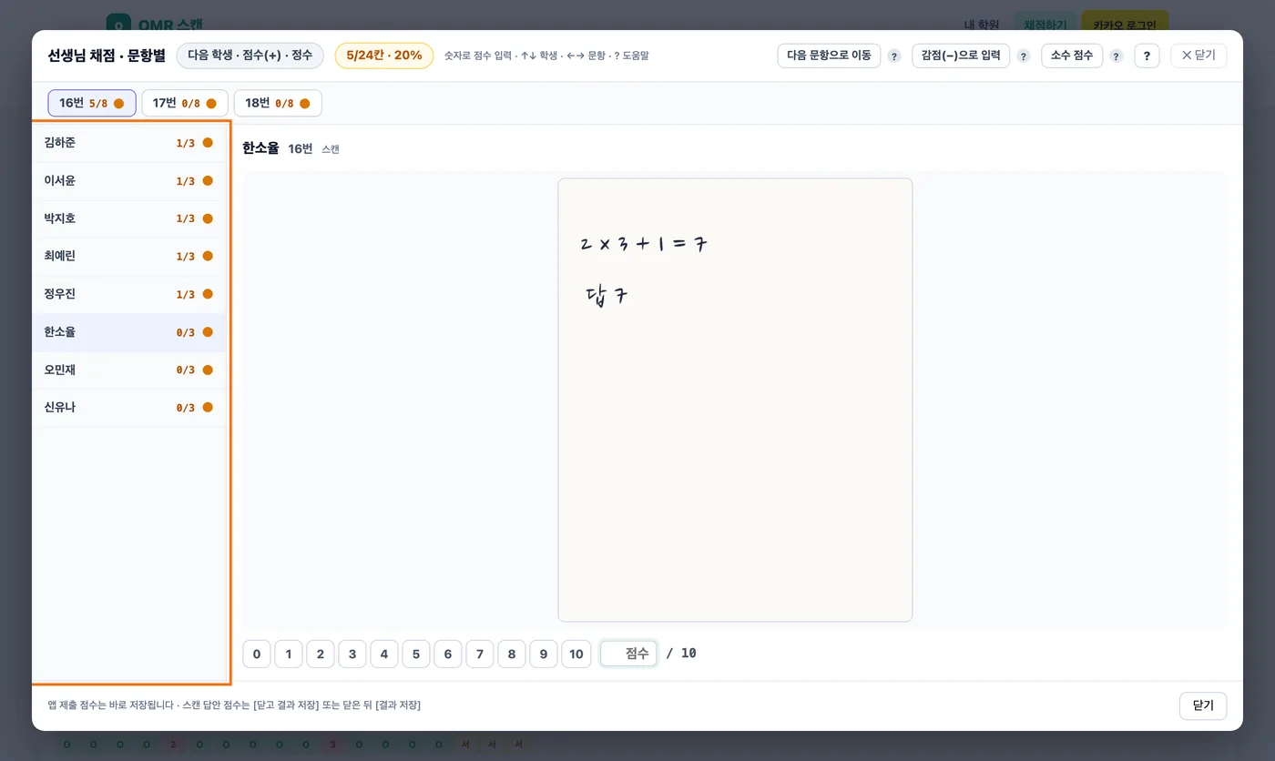 16번을 학생 다섯 명까지 채점한 모습 — 16번 단추에 5/8, 진행률 5/24칸 · 20%, 왼쪽 목록의 앞 다섯 학생이 1/3이고 여섯째 학생 한소율의 16번 풀이가 가운데에 보인다