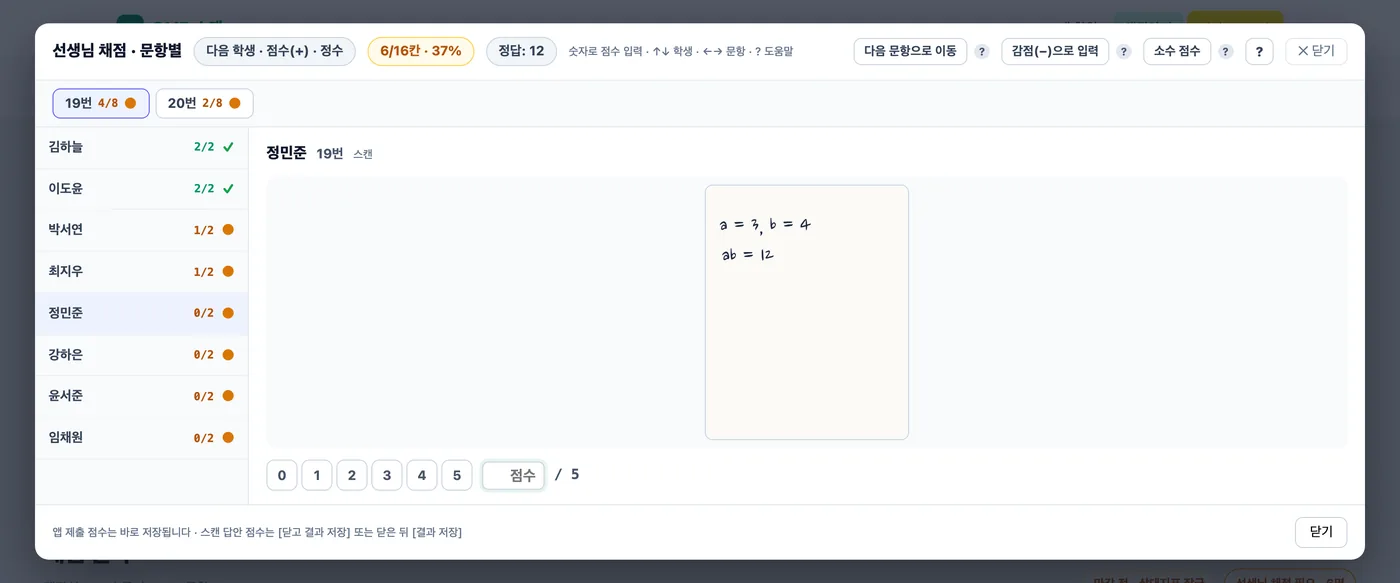선생님 채점 문항별 화면 — 왼쪽에 학생별 진행(김하늘 2/2 완료, 정민준 0/2), 가운데에 정민준 학생 19번 손글씨 답안 칸, 아래 0부터 5까지 점수 버튼과 점수 입력칸