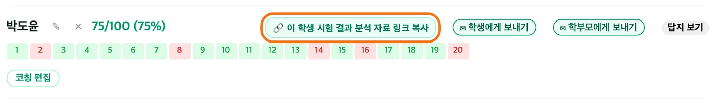 결과 목록의 학생 한 줄 — 이 학생 시험 결과 분석 자료 링크 복사 버튼이 강조돼 있다